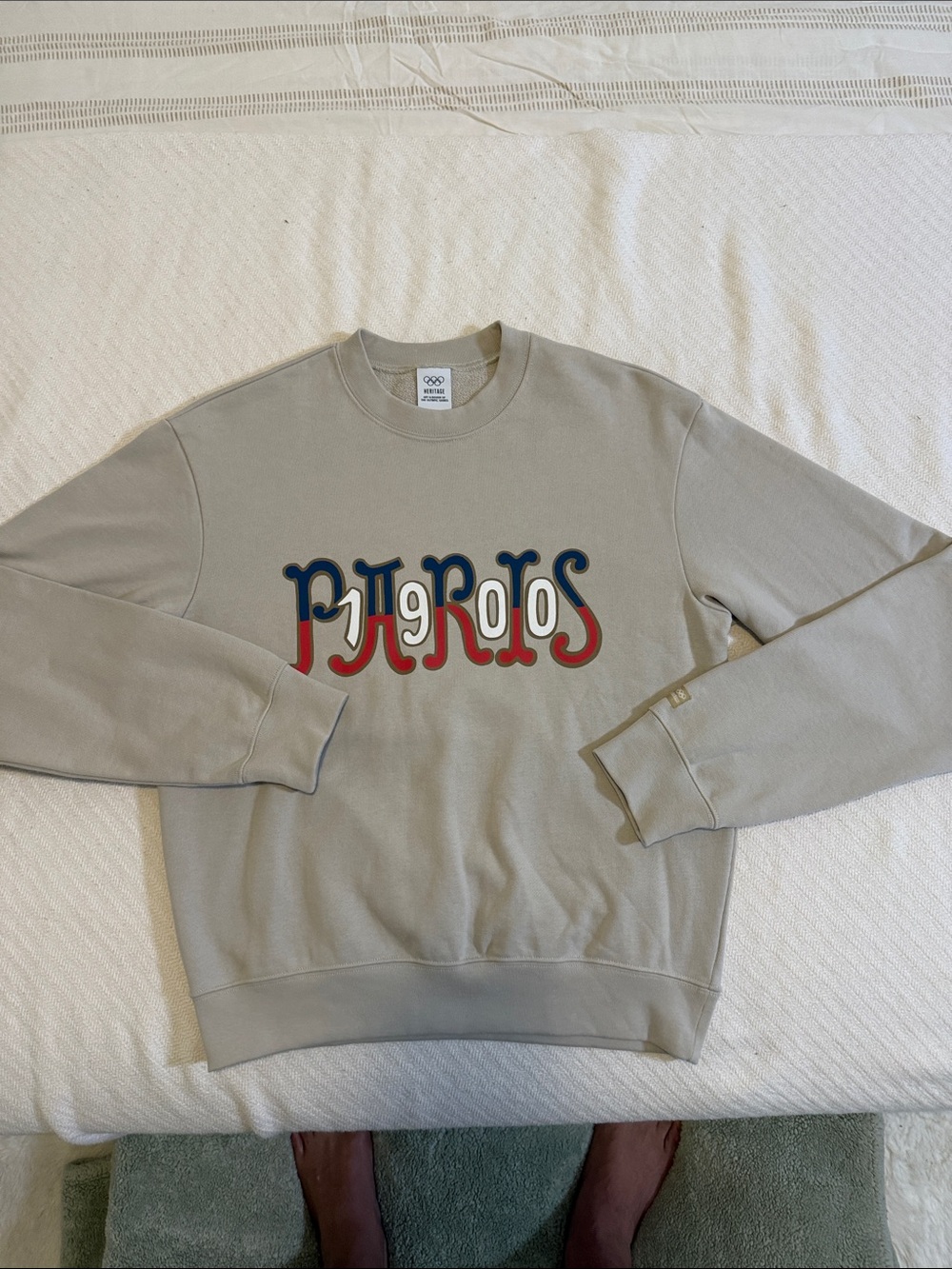 John Elliott Beige Crewneck with Red & Navy Graphic